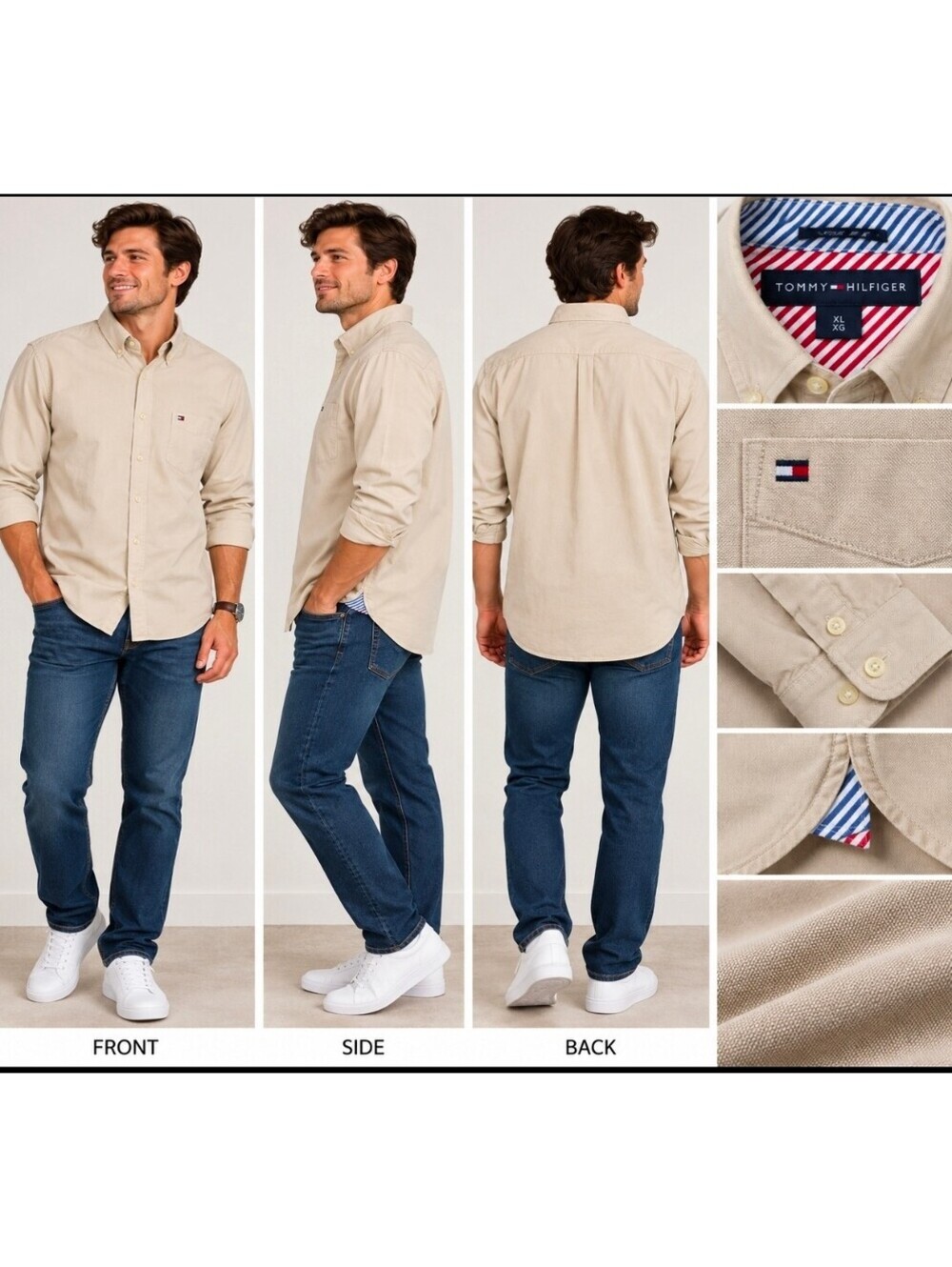 Tommy Hilfiger Men’s XL Khaki Oxford Button Down Shirt Flag Logo 100% Cotton